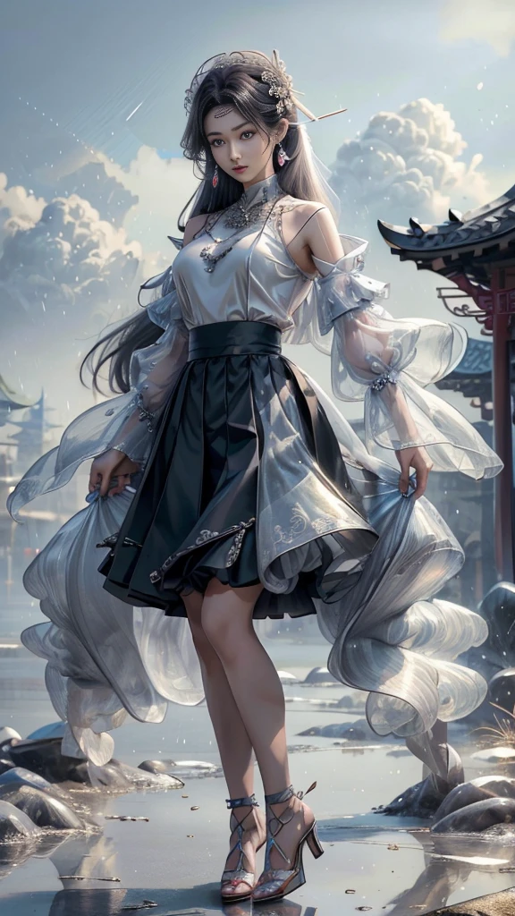 (best qualityer), ((master part)), (high resolution), Original, (Very detailed 8k wallpaper), overexposed, 1girl, (medium tits), (extremely delicate and beautiful), (Beautiful and detailed eye description), (Beautiful and detailed facial depiction), (standing alone), (slender legs, high-heels), behind arms, Rain skirt, Hair accessories, necklase, blue pleated skirt, jewelries, aretes, chinese style architecture, wavyhair, messy hair, long gray hair, , master part, best qualityer, Transparent silk cost, Rosto kawaii, アニメ, Transparent multicolored clothes, (ulzzang-6500:1.2)