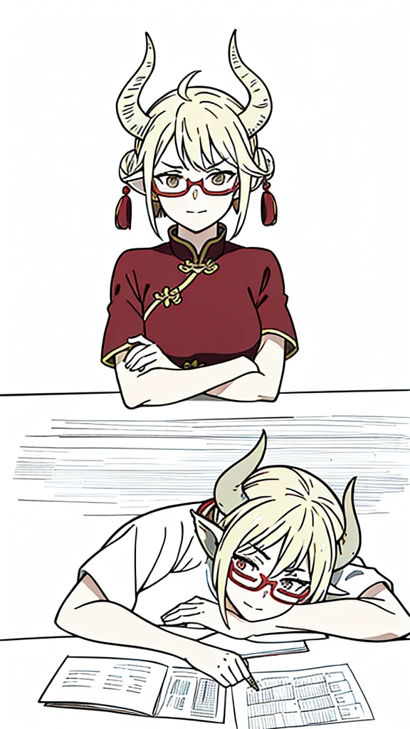 1girl,40 years old,milf,solo,(smug),blonde hair, short hair,(cow ears),((sitting,crossed legs)),red dress,double bun,bun cover,china dress,chinese clothes,short sleeves,horns,glasses,(white background,line drawing),upper body,crossed arms,pov across table