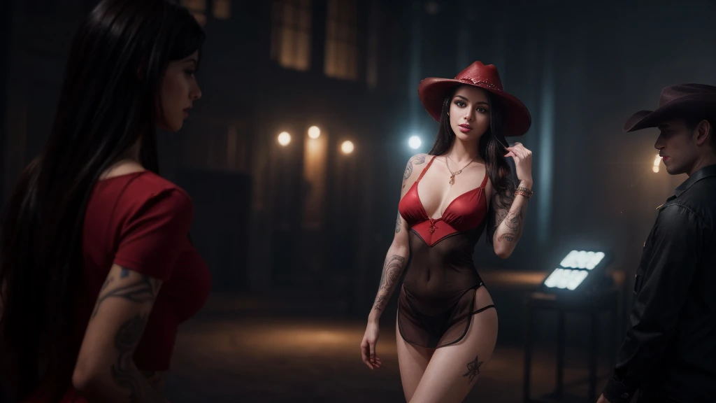 8k, masterpiece, RAW photo, best quality, photorealistic, extremely detailed CG unity 8k wallpaper, Depth of field, Cinematic Light, Lens Flare, Ray tracing, (extremely beautiful face, beautiful lips, beautiful eyes), intricate detail face, ((ultra detailed skin)), ((1girl:1.7)), ((alone:1.7)), ((seductive standing pose)), in the desert at night, deep shadow, [[Raiana-Elizabeth-Dilla]], pretty girl, (very slim slender fit-muscled body:1.3), ((beautiful legs:1.4)), ((looking at viewer)),(big smile:1), (sexy ((see-through)) ((ultra-short ((red:1.2)) Cowboy-style uniform))), ((classic scenery,nightlife,musiclife,western)), ((whiskey glass and bottles,blues music,cowboy hat)), (blurred background:1.4), ((without people in the background:1.5)), beautiful earrings, bracelets, necklace, red pendant, clear eyes, ((tattoos)), (pale skin), (face forward), ((whole-body-view)), ((full-body:1.8, cinematic shot)), soft lighting, (long black hairs), (looking at viewer:1.8), cleavage breasts, large breasts, touching the breast, highly detailed, ultra realistic, extremely detailed and realistic ((red:1.2)) clothes.