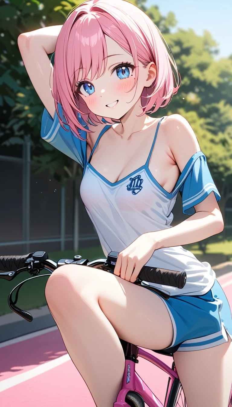 (1 girl),(Best Picture Quality, 8K, Masterpiece:1.3), (high school student:1.5), ((pink lob hair:1.1)), (bob cut),(swept bangs), (cute eyes, pupil black, iris skyblue, youthful face), (mole under right eye), (standard weight), (small breasts), (glistening skin:1.1),(pale skin:1.2),((showing armpits)),((baseball uniform)),(Smile),(short sleeve),((camisole, hot pants)),(Smile),,((riding pink road bicycle))