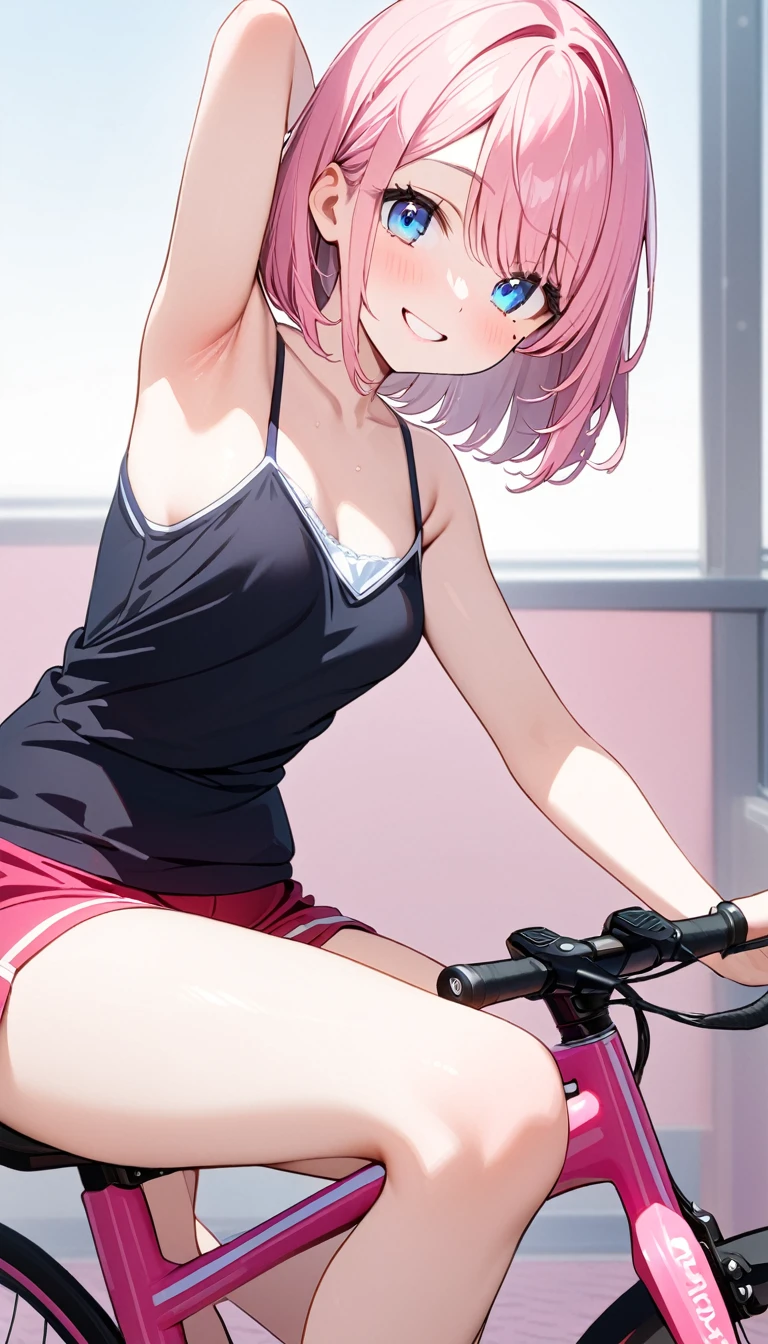 (1 girl),(Best Picture Quality, 8K, Masterpiece:1.3), (high school student:1.5), ((pink lob hair:1.1)), (bob cut),(swept bangs), (cute eyes, pupil black, iris skyblue, youthful face), (mole under right eye), (standard weight), (small breasts), (glistening skin:1.1),(pale skin:1.2),((showing armpits)),((baseball uniform)),(Smile),(short sleeve),((camisole, hot pants)),(Smile),,((riding pink road bicycle))
