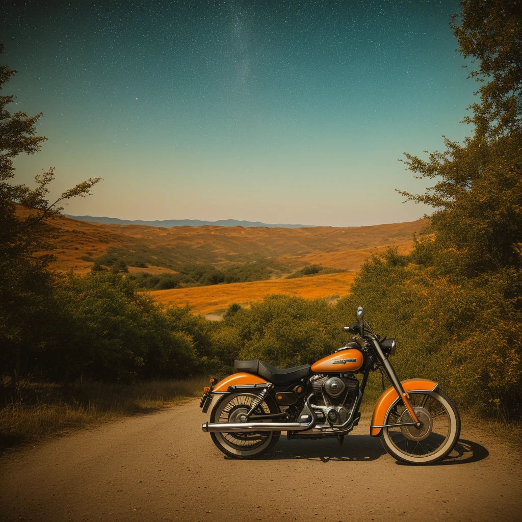 Create a compelling story that revolves around an old two-wheeled motorcycle parked on a hill, old bicycle, weathered, looking at the starry sky. Weave the surrounding landscape in detail, Pine scent, (rot、First made by American Harley、Old Bicycles), Exposure Mixing, medium shot, bokeh, (nffsw:1.4), hight contrast, (cinematic, Orange and white film), (subdued colors, dark colours, soft shades:1.3), Low saturation, (Hyperdetails:1.2), (blackw:0.4).