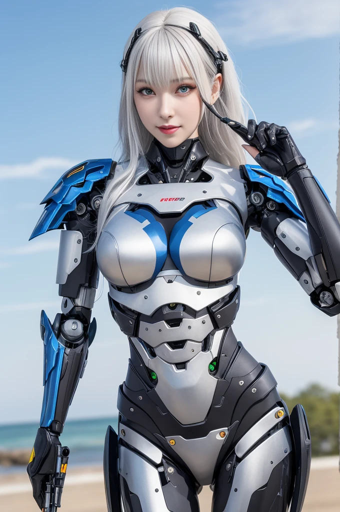 Super Detail, High Detail, high quality, best quality, High resolution,1 female robot,Beautiful female robot,beautiful clear face(Rain waves_haneame:1.5), Realistic, High resolution, Soft Light,Hips up, (Detailed face), silver hair, long hair, Mecha Maiden, Colorful mechanical parts, mechanical joint, Thick mechanical armor,Weaponry, All metal body, Technology Antenna Hair Accessories