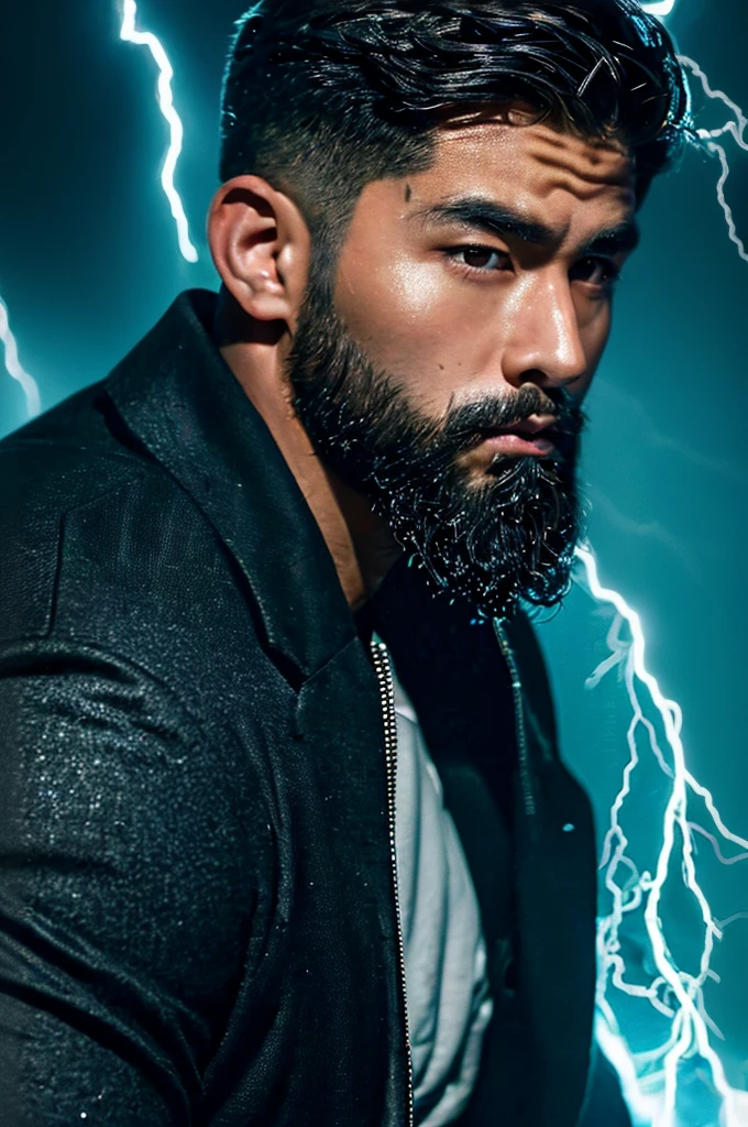 A 21 year old asian  having medium beard style boy portrait in dual lightning effect , soft lighting, epic realistice