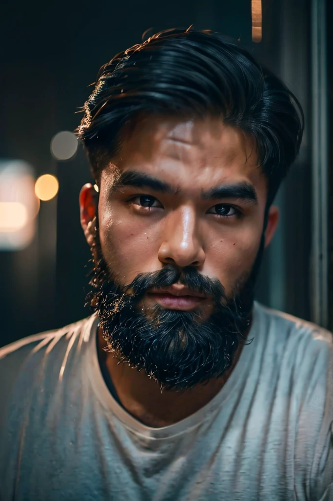 A 21 year old asian  having medium beard style boy portrait in dual lightning effect , soft lighting, epic realistice