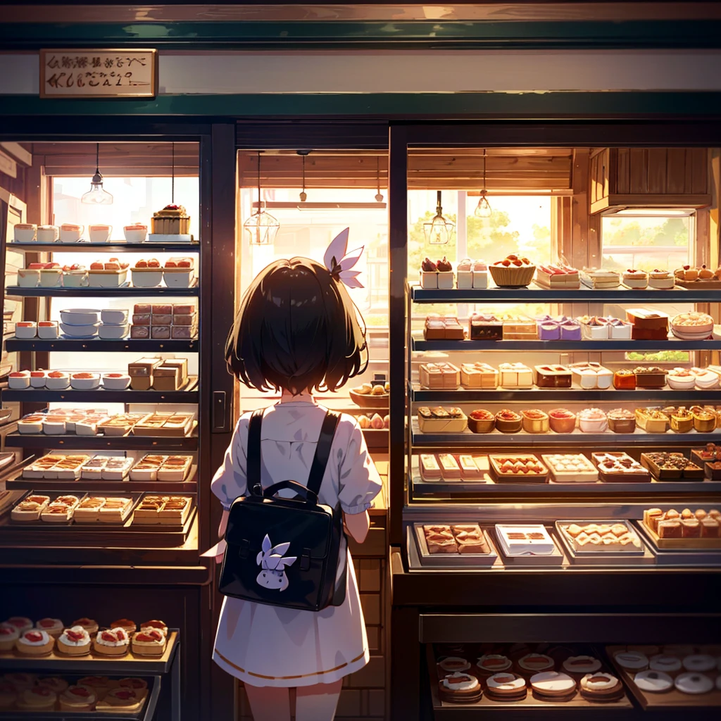 High-definition background, bright and beautiful atmosphere, 3 girls (2 years old, (1 short-tempered round face), (1 child)) (hair, surface effects), color effects), small breasts, blonde, Cake Shop, Show Beautiful and Delicious-Looking Cakes Lined Up in the Window, Cake Shop Costumes, Mini Pigs Lined Up at the Entrance, Mini Pigs Lined Cakes, “Deltamon_sdXL: 0.73) ? Deltamon makes an immediate decision.
