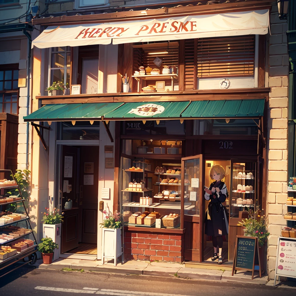 High-definition background, bright and beautiful atmosphere, 3 girls (2 , (1 short-tempered round face), (1 child)) ( surface effects), color effects), small breasts, blonde, Cake Shop, Show Beautiful and Delicious-Looking Cakes Lined Up in the Window, Cake Shop Costumes, Mini Pigs Lined Up at the Entrance, Mini Pigs Lined Cakes, “Deltamon_sdXL: 0.73) ? Deltamon makes an immediate decision.