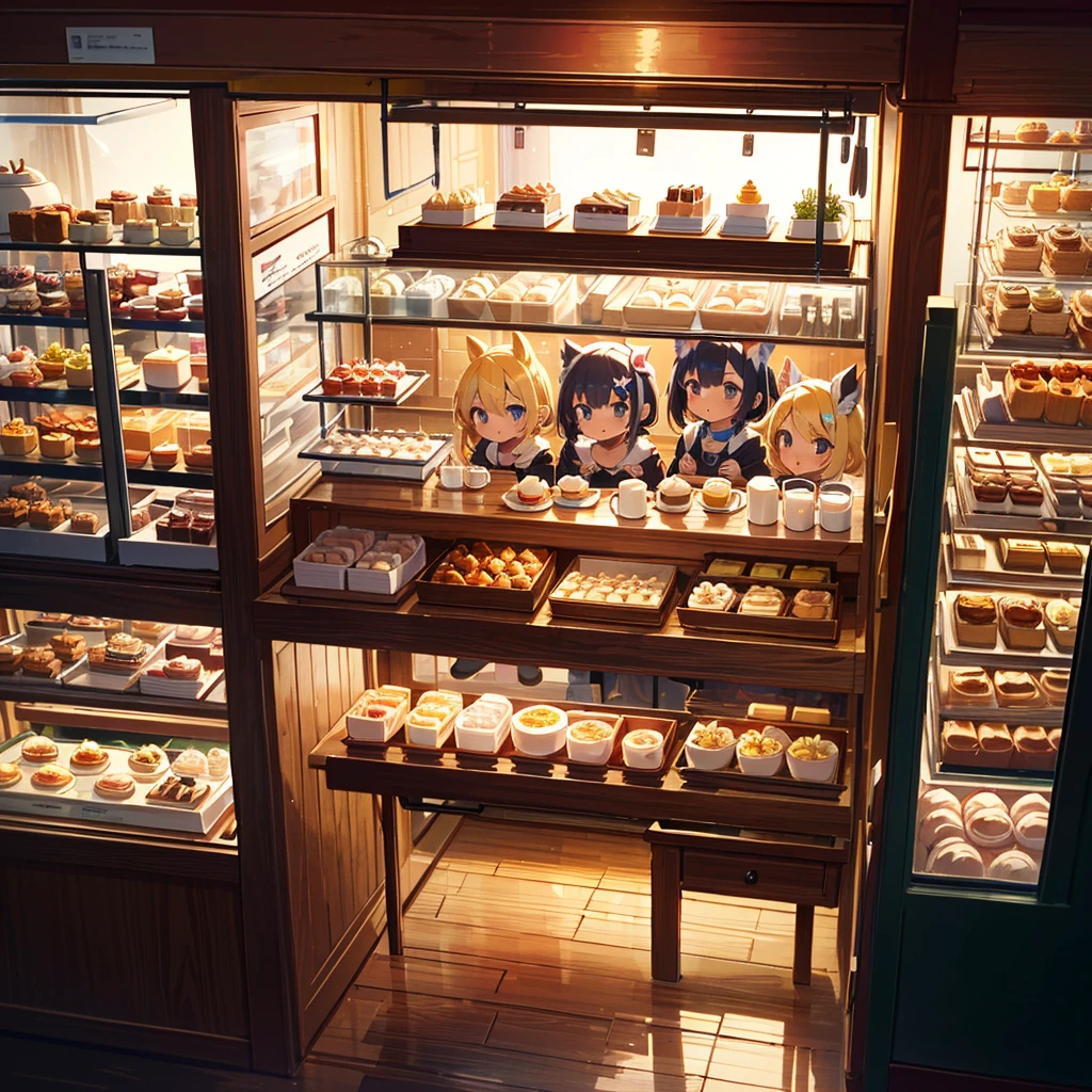 High-definition background, bright and beautiful atmosphere, 3 girls (2 years old, (1 short-tempered round face), (1 child)) (hair, surface effects), color effects), small breasts, blonde, Cake Shop, Show Beautiful and Delicious-Looking Cakes Lined Up in the Window, Cake Shop Costumes, Mini Pigs Lined Up at the Entrance, Mini Pigs Lined Cakes, “Deltamon_sdXL: 0.73) ? Deltamon makes an immediate decision.