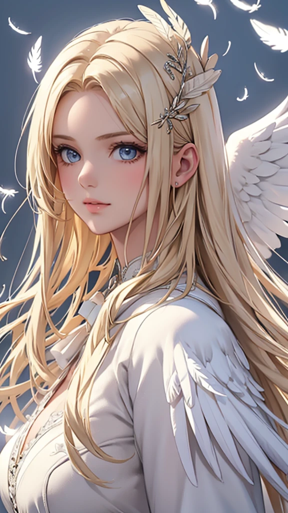 masterpiece, Angel Girl, Blonde with wings, White dress with feathers, Close-up portrait, Delicate face, Lots of feathers, silver