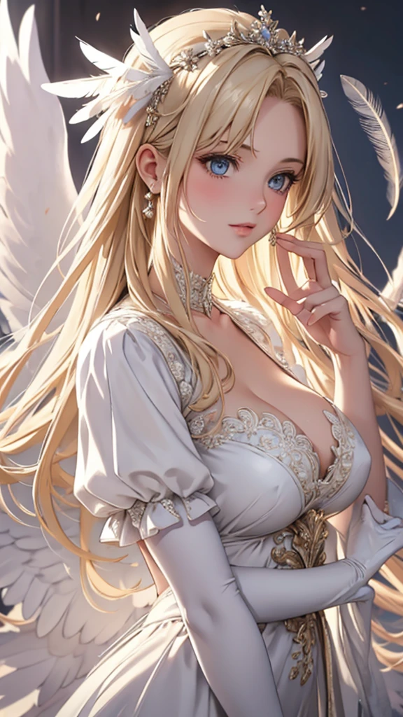 masterpiece, Angel Girl, Blonde with wings, White dress with feathers, Close-up portrait, Delicate face, Lots of feathers, silver