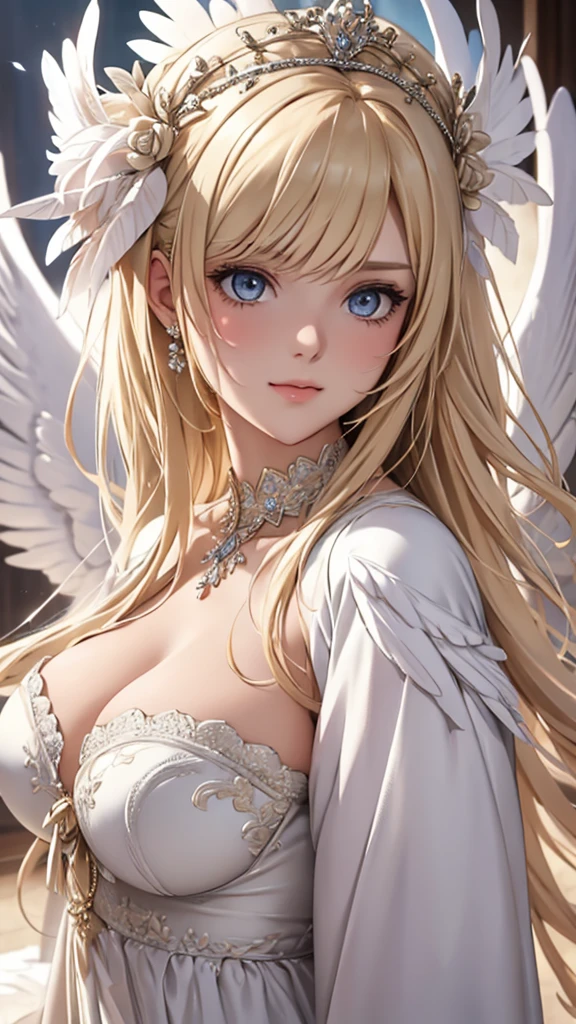 masterpiece, Angel Girl, Blonde with wings, White dress with feathers, Close-up portrait, Delicate face, Lots of feathers, silver