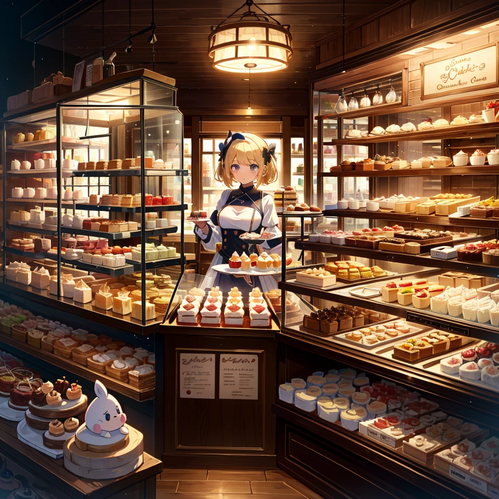 High-definition background, bright and beautiful atmosphere, 3 girls (2 years old, (1 short-tempered round face), (1 child)) (hair, surface effects), color effects), small , blonde, Cake Shop, Show Beautiful and Delicious-Looking Cakes Lined Up in the Window, Cake Shop Costumes, Mini Pigs Lined Up at the Entrance, Mini Pigs Lined Cakes, “Deltamon_sdXL: 0.73) ? Deltamon makes an immediate decision.