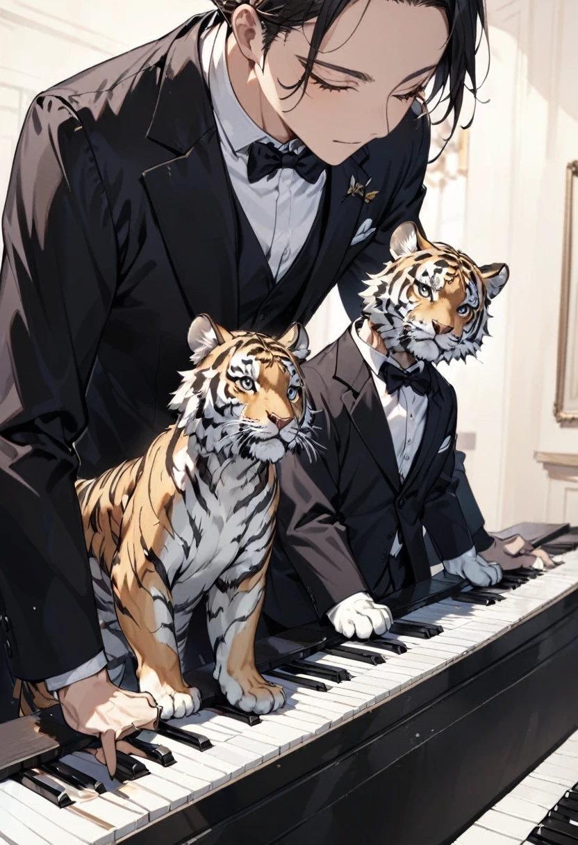 A tiger playing the piano，Black Tuxedo