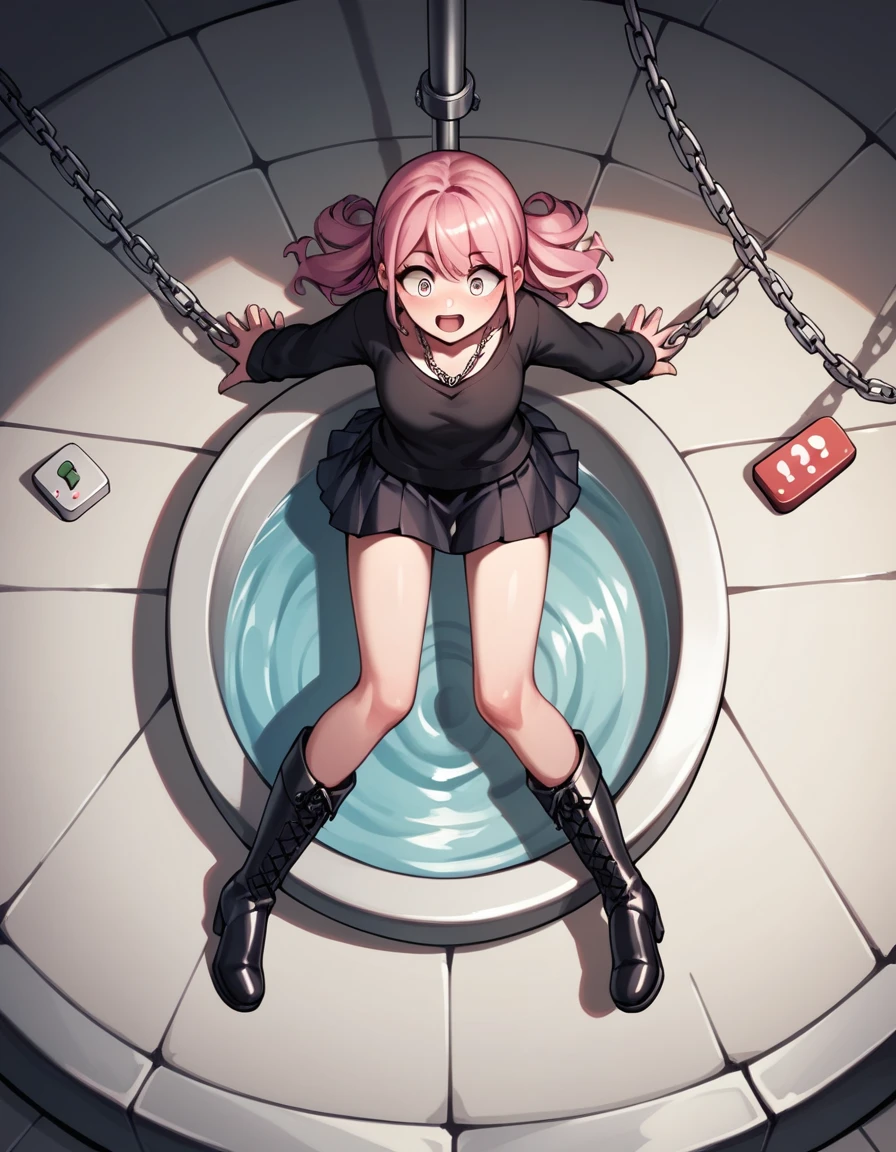 punctuation_9, punctuation_8_High above, punctuation_7_High above, punctuation_6_High above, punctuation_5_High above, punctuation_4_High above, fountain_アニメ, 1womanl, She was lying down, pink  hair, hypdertailed, eye white, ww chain, manacles, open arms, clean hair, black jersey, skirts, knee high boots, Black boots, jumping, natta, floor, Dungeonpunk, best qualityer, best resolution, 4k hd,
 