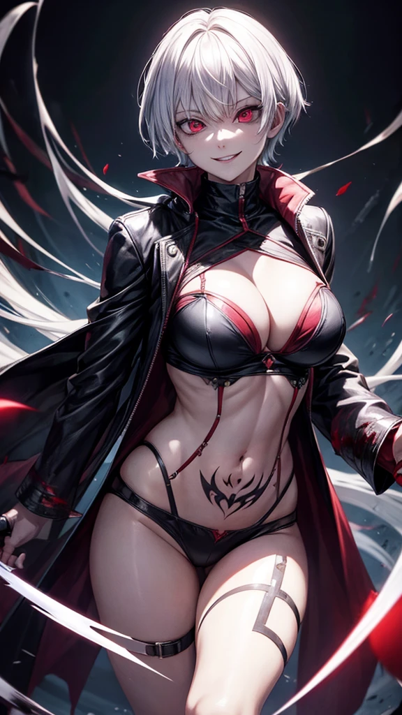 Kaneki cosplay, Lumine, danger, solo, crazy and evil smile, villain, blood, wearing short clothes, big breasts, cleavage, belly tattoo, holding a knife, highly detailed eyes, highly detailed face, highly detailed background, looking at the viewer