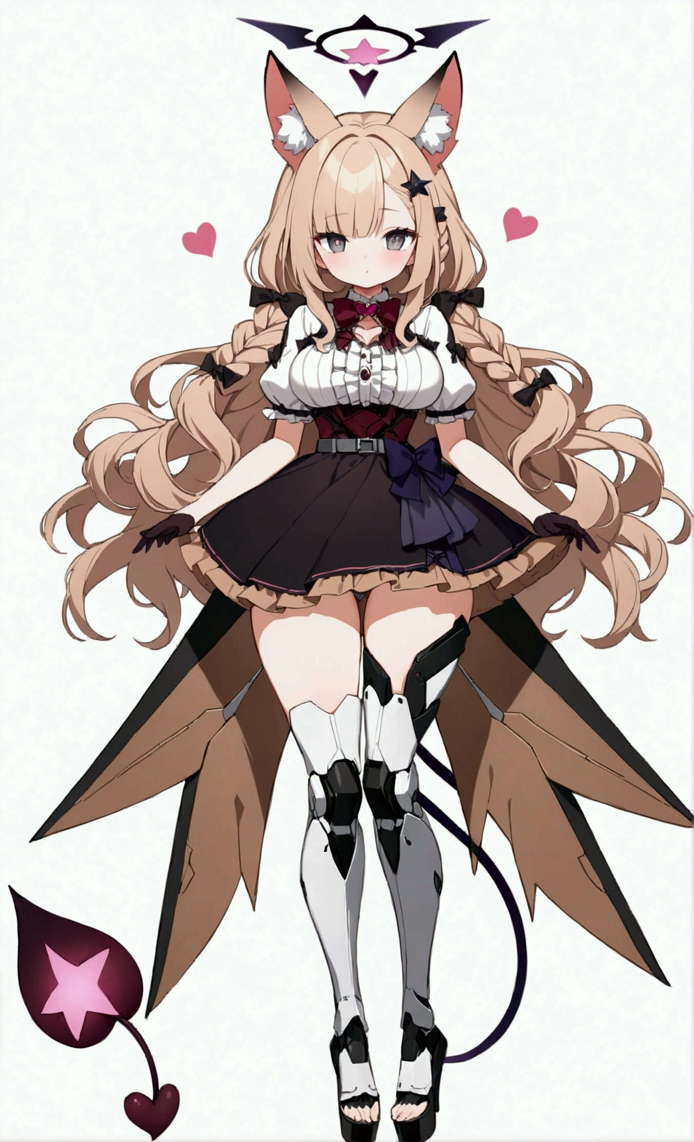 Woman 180cm tall, big chest, wide hip, charming look, (dark blonde hair), ((hip length loose wavy hair, asymmetrical bangs, star hairpin in hair)), (a short braid on the left and right side of the hair above the breasts), ((Gray eyes with a pink 4-pointed star in the pupil)), (two black fox ears located on the top of the head), (black halo with luminous purple on the head), ((It has a small black succubus tail that ends in the shape of a Vinotinto heart)), (((It has complex mechanical legs that reach up to the thighs., The legs are dark gray with small burgundy and black details))), (elegant thigh-length one-piece dress, small Vinotinto bowtie on the neck of the dress, white bust with vertical black lines, ruffles in the middle of the bust, ruffled skirt, short sleeves with ruffles, ribbon decorations on the dress), elegant Vinotinto gloves with white ruffles, Black platform heels, (gray belt at the waist with a large ribbon with a luminous pink heart in the middle), black necklace with a heart pendant on the neck, (((character design sheet: front view))), ((whole body)), extremely detailed beautiful hair, beautiful detailed dress, extremely detailed arms, extremely detailed face, (Extremely detailed hands), perfect hands, small face, Beautiful detailed eyes, beautiful detailed lips, adorable, extremely detailed legs, (Best Quality, 8k, high resolution), ultra detailed, Exquisite and epic character art, ((White background)), (Focus on symmetry), (beautiful detailed succubus tail), (only one woman in the picture), (correct anatomy).