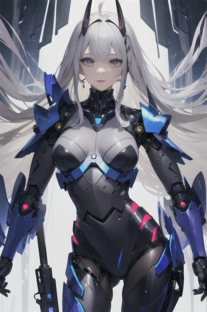 Super Detail, High Detail, high quality, best quality, High resolution，1 female robot，Beautiful female robot,beautiful clear face(Rain waves_haneame：1.5)， Realistic, High resolution, Soft Light,Hips up, (Detailed face), silver hair, long hair, Mecha Maiden, Colorful mechanical parts, mechanical joint, Thick mechanical armor,Weaponry, All metal body, Technology Antenna Hair Accessories