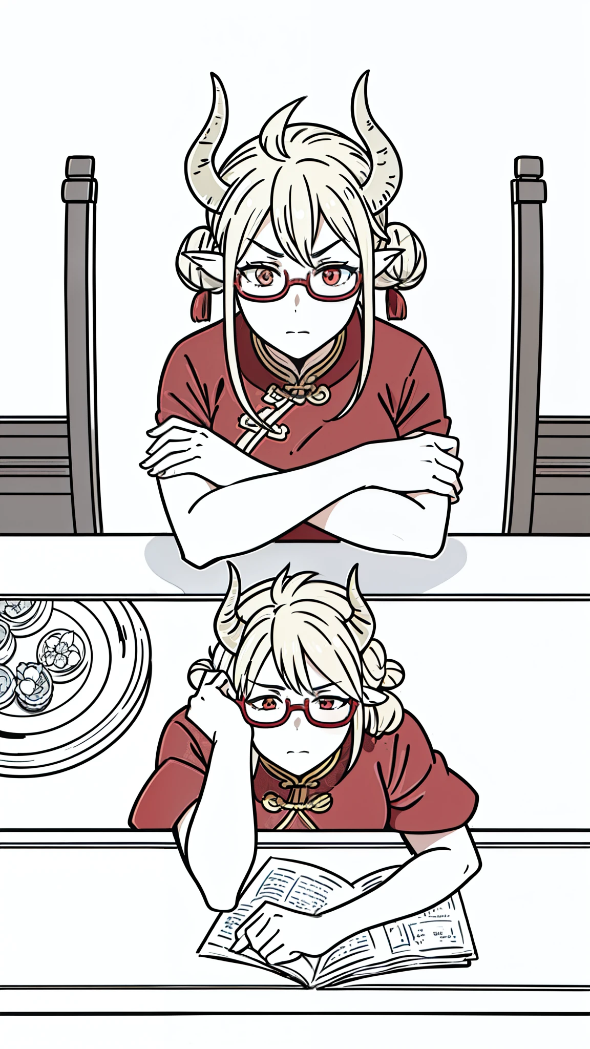 (1woman,40 years old,milf,mature female)solo,(serious),blonde hair, short hair,(cow ears),((sitting,crossed legs)),red dress,double bun,bun cover,china dress,chinese clothes,short sleeves,horns,glasses,(white background,line drawing),upper body,crossed arms,pov across table
