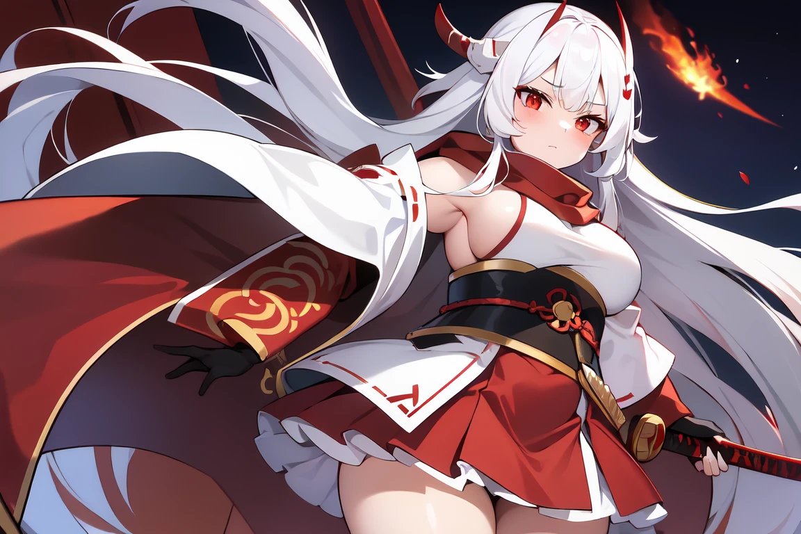 1girl, white hairs, red eyes, white-red kimono, long hair, katana, red scarf, massive breasts, mature, Oni, armored skirt, lake, night,