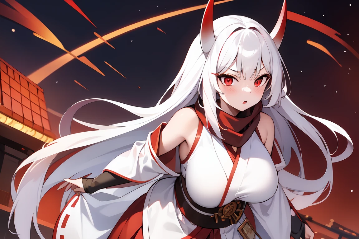 1girl, white hairs, red eyes, white-red  kimono, long hair, katana, red scarf, massive breasts, mature, Oni, armored skirt, lake, night,