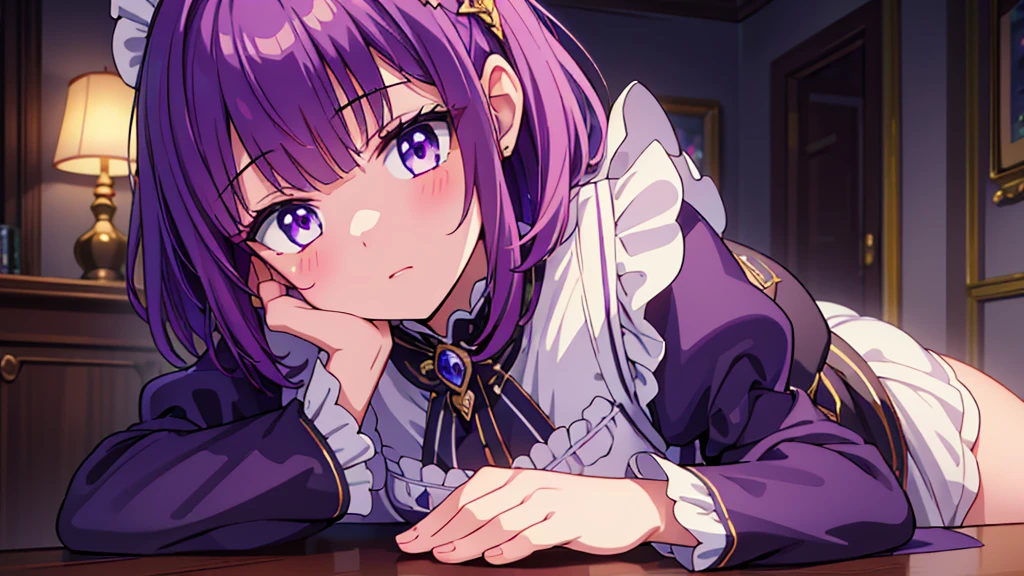 ((best quality)), ((masterpiece)), (detailed), 1 girl , purple hair , short hair , purple eyes, wearing maid uniform , lovestruck expression, looking at viewer, slight blush , delicate pose , cute looking, perfect face, detailed, masterpiece, 4k , ultra high quality , Cinematic Lighting, ethereal light, intricate details, extremely detailed, incredible details, full colored, complex details, insanely detailed and intricate , extremely detailed with rich colors. masterpiece, best quality, aerial view, HDR, plump looking at the camera , dark Fantasy background , Representative, fair skin, beautiful face, Rich in details High quality, gorgeous, glamorous, 8k, super detail, gorgeous light and shadow, detailed decoration, detailed lines