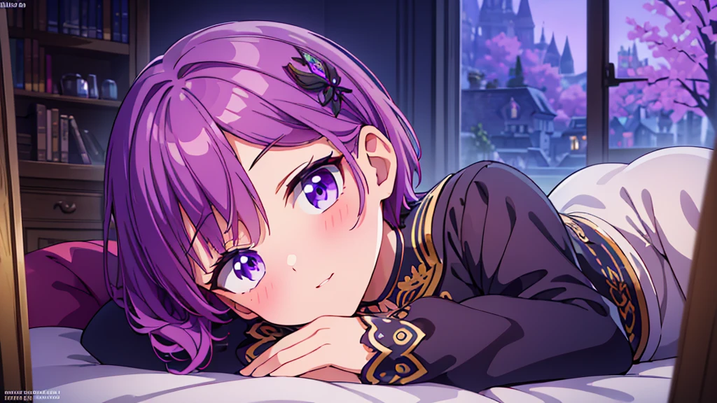 ((best quality)), ((masterpiece)), (detailed), 1 girl , purple hair , short hair , purple eyes, wearing maid uniform , lovestruck expression, looking at viewer, slight blush , delicate pose , cute looking, perfect face, detailed, masterpiece, 4k , ultra high quality , Cinematic Lighting, ethereal light, intricate details, extremely detailed, incredible details, full colored, complex details, insanely detailed and intricate , extremely detailed with rich colors. masterpiece, best quality, aerial view, HDR, plump looking at the camera , dark Fantasy background , Representative, fair skin, beautiful face, Rich in details High quality, gorgeous, glamorous, 8k, super detail, gorgeous light and shadow, detailed decoration, detailed lines