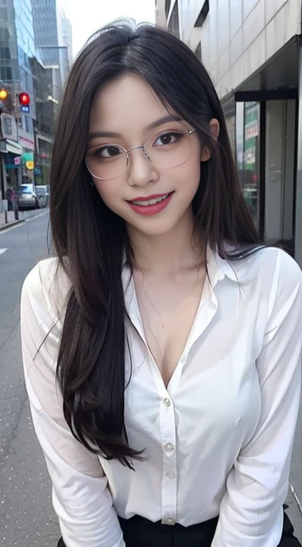 (best quality, masterpiece:1.2), white background, realistic, crew neck, closed-neckline, pants, (business jacket:1.2), (brown hair:1.2), big eyes, beautiful woman, smile, eyelashes, highly detailed face, fierce look, angry look, (long sleeved shirt: 1.2), looks like a naughty celebrity but is a good girl, virgin girl, inexperienced virgin girl, full body, (discrete sex appeal: 1.2), (big kind smile: 1.2), (open mouth smile: 1.2), (happy: 1.2), (kind face: 1.2), (genuine smile: 1.2), (genuine smiling eyes: 1.2), (downtown city background: 1.2), extremely kind girl, (looking straight: 1.2)