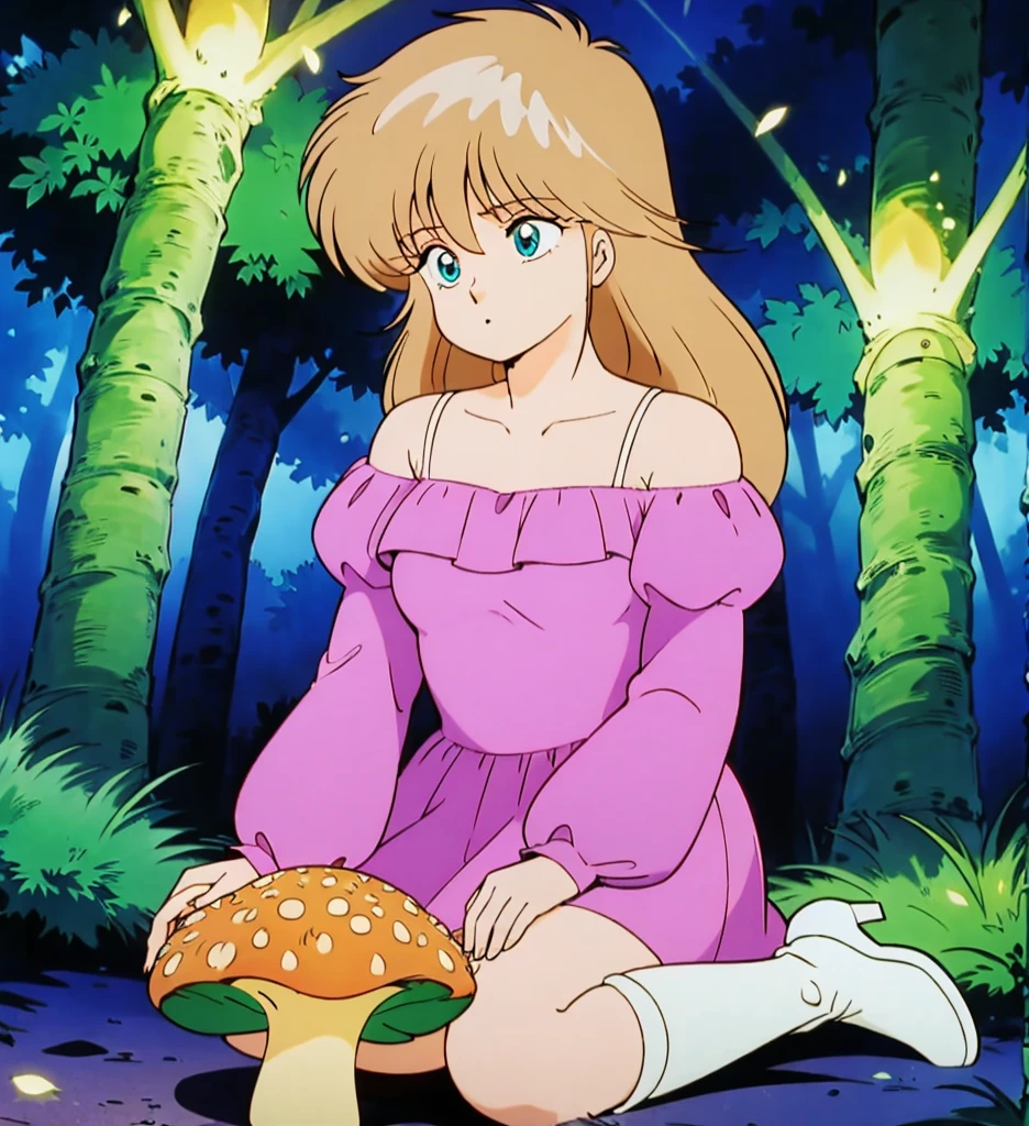 A light blonde haired anime girl with pale blue purple eyes、Wearing a pink off-the-shoulder puffy sleeve dress and knee-length white boots、Under the stars、Sitting in the woods next to an orange mushroom surrounded by fireflies。