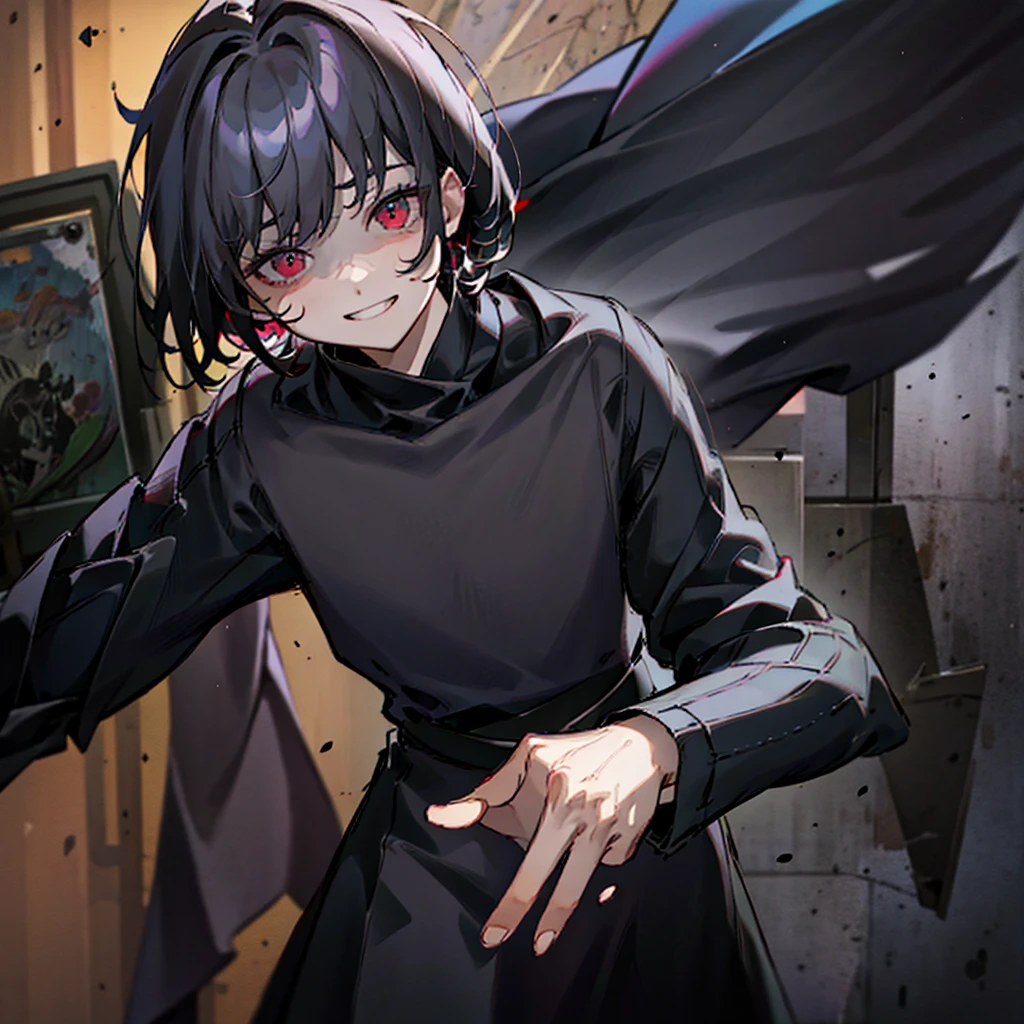 A young boy with black hair, androgynous features, Red eyes, black clothes and looking straight at the camera with a smile on his face, as if he were seeing the love of his life (Neutral colors: 1.2), (HDR: 1.4), (Soft colors:1.2), hyperdetailed, (art station:1.4), cinematographic, warm lights, dramatic light, (intricate details:1.1), complex background, (rutkowski:0.66), (blue and orange:0.4)