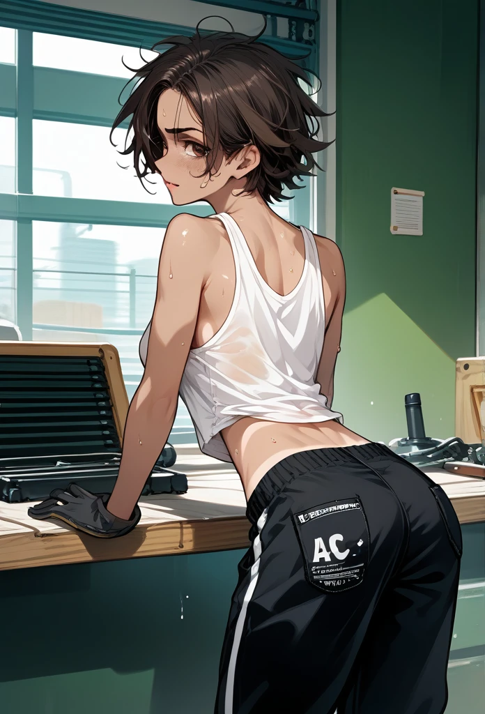 masterpiece, best quality, mature woman, messy hair, black hair, brunette gradient hair color, hot face, (tomboy face), tan skin, mature body, fit body, medium breasts, mechanic gloves, (dirty tank top), stained tank top, midriff, white bandana, mechanic pants, loose pants, workshop, (sweaty), bending over, back view