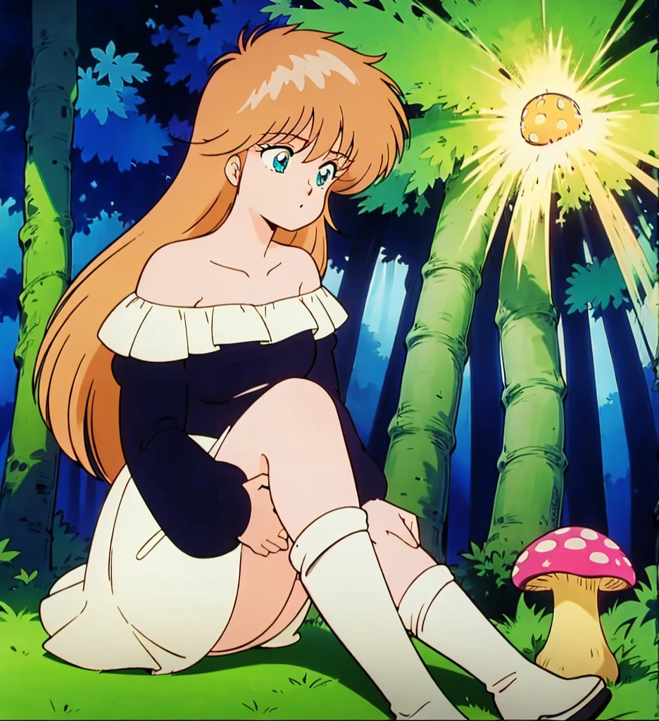 A light blonde haired anime girl with pale blue purple eyes、Wearing a pink off-the-shoulder puffy sleeve dress and knee-length white boots、Under the stars、Sitting in the woods next to an orange mushroom surrounded by fireflies。