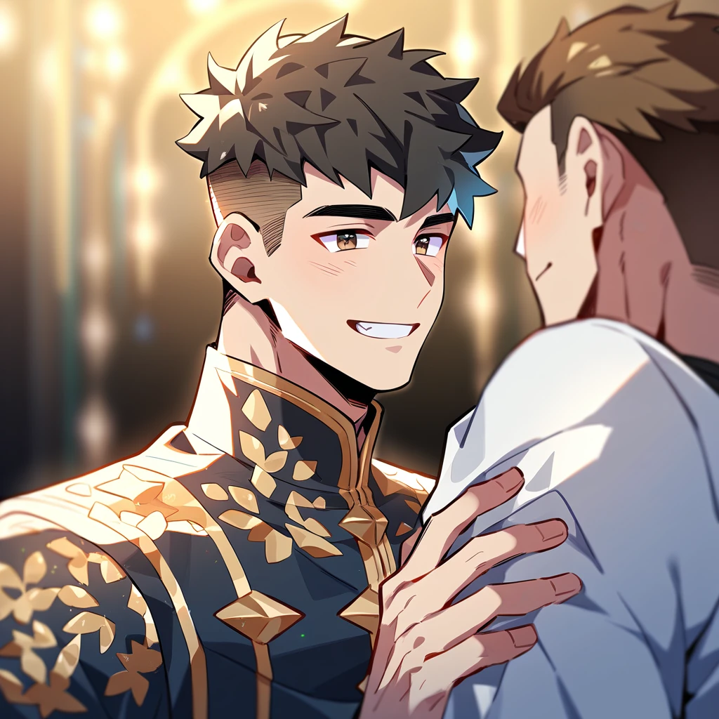 absurdres, highres, ultra detailed, HDR, master piece, best quality, Eiden, brown hair, expressive brown eyes, Nu Carnival, Quincy, blond messy hair, expressive amber eyes, two men together, sexy gay couple, handsome, fantasy black and white clothes, red curtains, window, petals