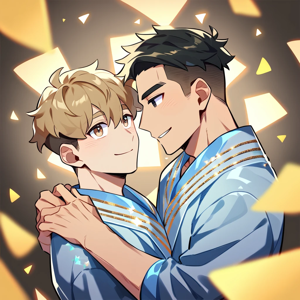 2 young men, focus man , Yaoi, pair,smile, (human, short hair, black hair, black eyes,Wearing a thin gold embroidered robe ),  (human, Brown blonde hair, Undercut style, light brown eyes) , Fantasy, The best aesthetics , best quality, Amazing quality, The best aesthetics
