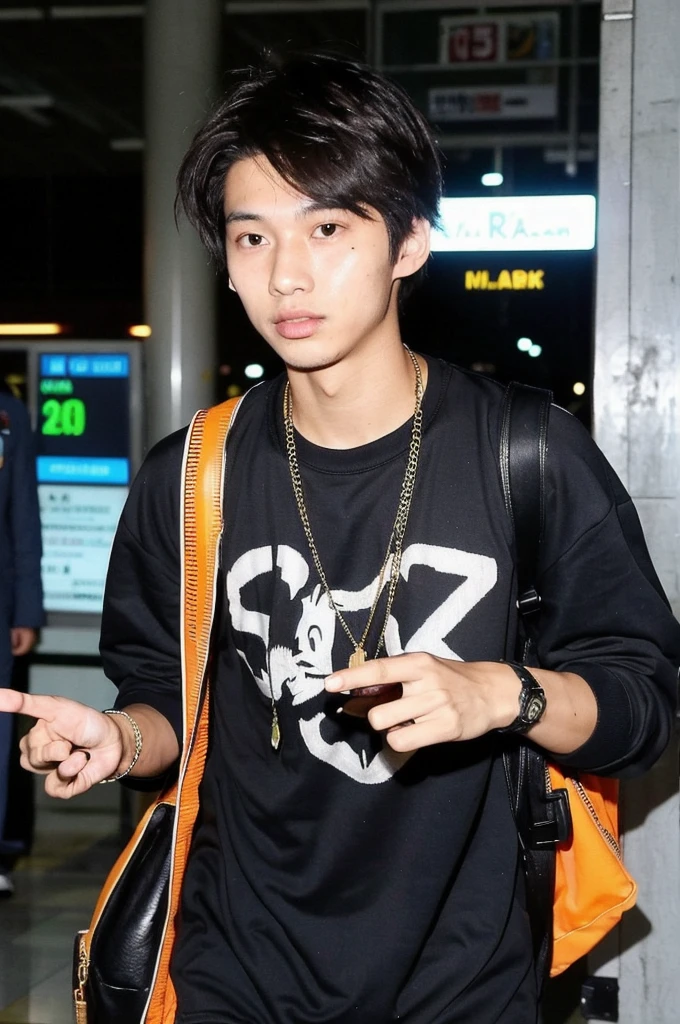 An Indonesian Malaysian boy has a big smile on his face, while standing at the airport and being photographed by paparazzi. He has a modern clothing style, black hair, world, yes also well styled he has dimples he is tall and waves short hair