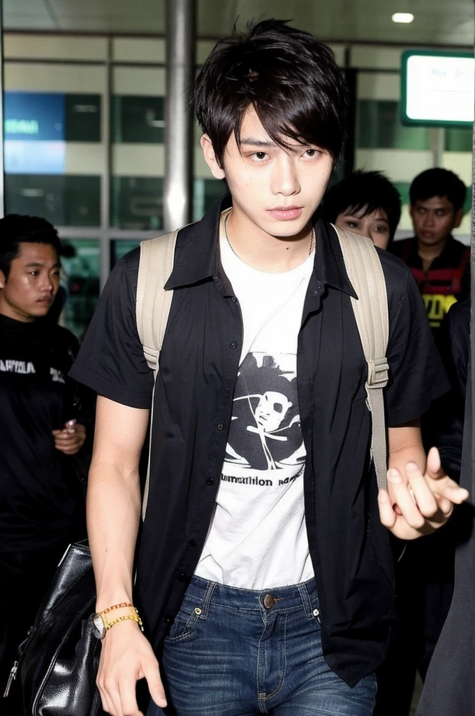 Indonesian man he is 22 years old, dark brown short hair, is photographed by paparazzi at the airport. A hiphop neon clothing style  looks very energetic 