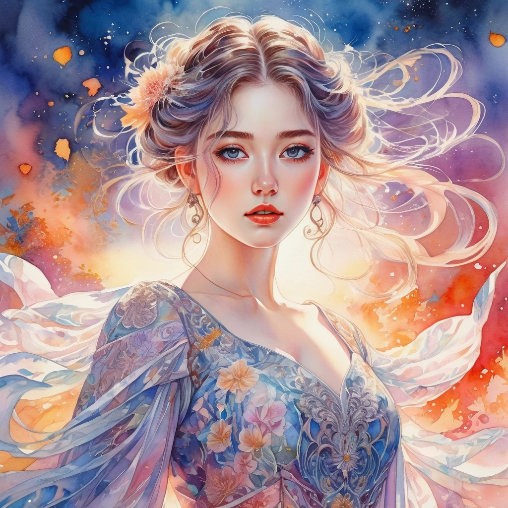 A beautiful anime-style watercolor illustration, masterful detailed portrait of a young woman with piercing eyes, long eyelashes, delicate facial features, flowing hair, ornate dress, standing in an ethereal celestial background, dramatic lighting, vibrant colors, lush textures, intricate patterns, divine aura, cinematic composition, digital art