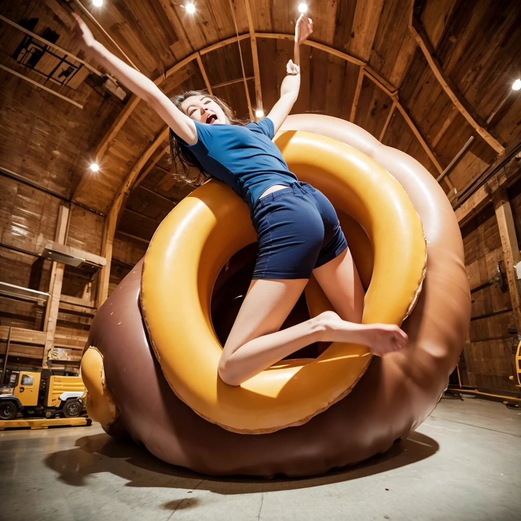 A person struggling to get out of a giant donut, with exaggerated movements and comical expression.