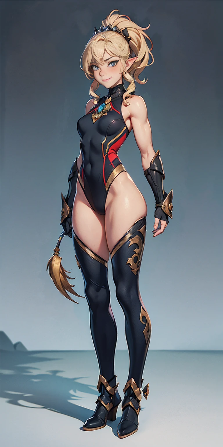((full body photo, standing, feet on the ground)), whole body, red breastplate, Redskin, looking at the viewer, bright,armor, Thighs, waders,shoulder armor, failures, Poland, gloves, gauntlets, Rerebrace armored boots, shoulder pads,(Masterpiece, Best Quality, ultra detailed, best shadow) yordle (1 girl)( Redskin:1.2) pointy ears muscular lean platinum blonde long twin-tails hairstyle at the office lustful smirking smile face red blushed, blush, strong abs, female bodybuilder, tiara, double hair drills