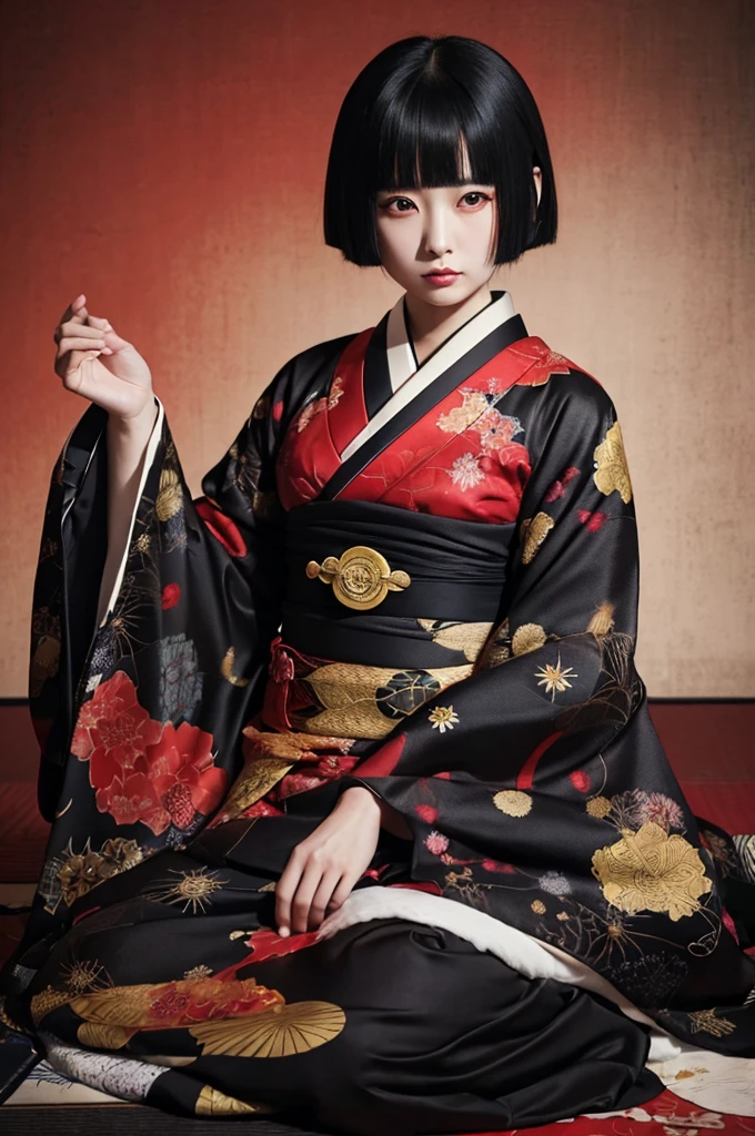 Dark night fog、A stunning 8K photograph of a Japanese gothic-inspired fashion model, showcasing the ultimate masterpiece of high-quality artwork. The model, Arafed, is a woman with black hair wearing a breathtaking red and black kimono. She is gracefully seated on a red carpet, her pose exuding elegance and confidence. The kimono design pays homage to the works of artists such as Sui Ishida, masami kurumada, and Chie Yoshii, while drawing inspiration from the legendary Itō Shinsui. A touch of Ayako Rokkaku's influence can also be seen in the composition. The overall atmosphere of the photograph is dramatic, capturing the essence of Japanese kimono fashion in a modern context., dark fantasy, cinematic, fashion, portrait photography, photo