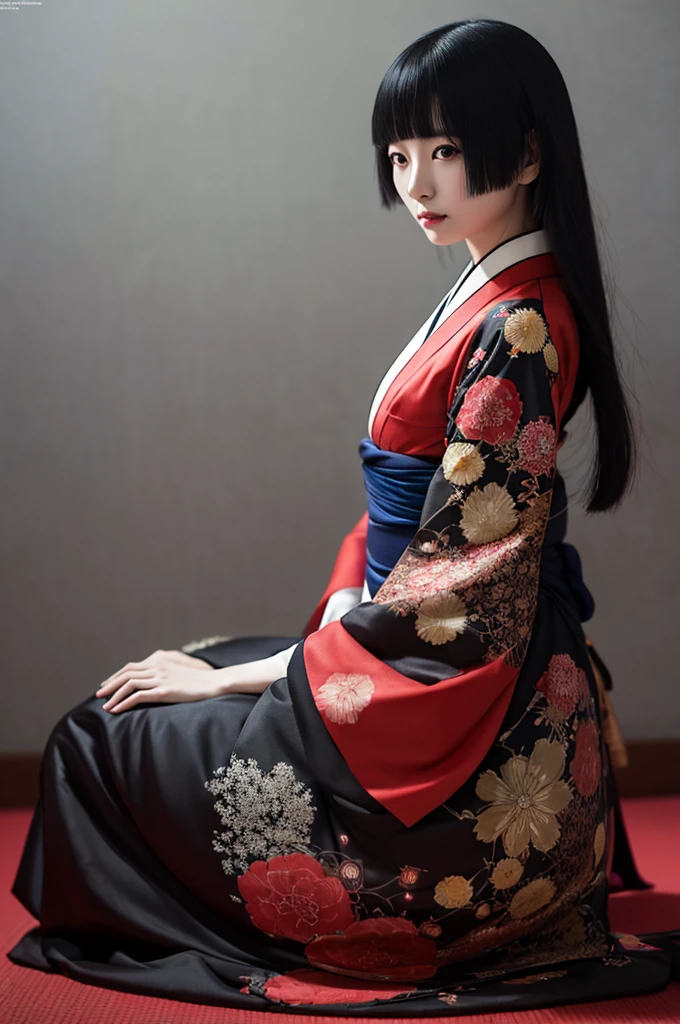 Dark night fog、A stunning 8K photograph of a Japanese gothic-inspired fashion model, showcasing the ultimate masterpiece of high-quality artwork. The model, Arafed, is a woman with black hair wearing a breathtaking red and black kimono. She is gracefully seated on a red carpet, her pose exuding elegance and confidence. The kimono design pays homage to the works of artists such as Sui Ishida, masami kurumada, and Chie Yoshii, while drawing inspiration from the legendary Itō Shinsui. A touch of Ayako Rokkaku's influence can also be seen in the composition. The overall atmosphere of the photograph is dramatic, capturing the essence of Japanese kimono fashion in a modern context., dark fantasy, cinematic, fashion, portrait photography, photo