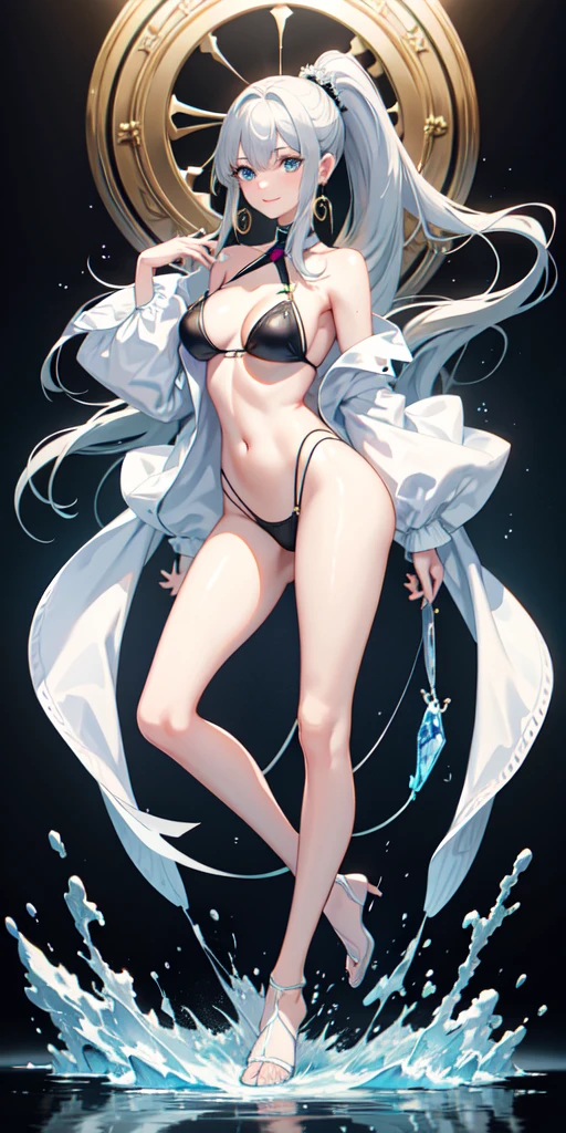 High resolution, masterpiece, accurate, Highest quality, Winner of numerous awards, High-resolution model,
Heavy bangs,Silver Hair,Wet Hair,Super long hair,ponytail,
slender,White skin,Medium chest Ice blue eyes,Sharp, thin eyebrows,smile,
Seaside,Western-style castle,
Butterfly Hair Ornament,Crystal Earrings,
Swimwear,Simple bikini,
Character portrait,Full body anime style, One girl, solo,