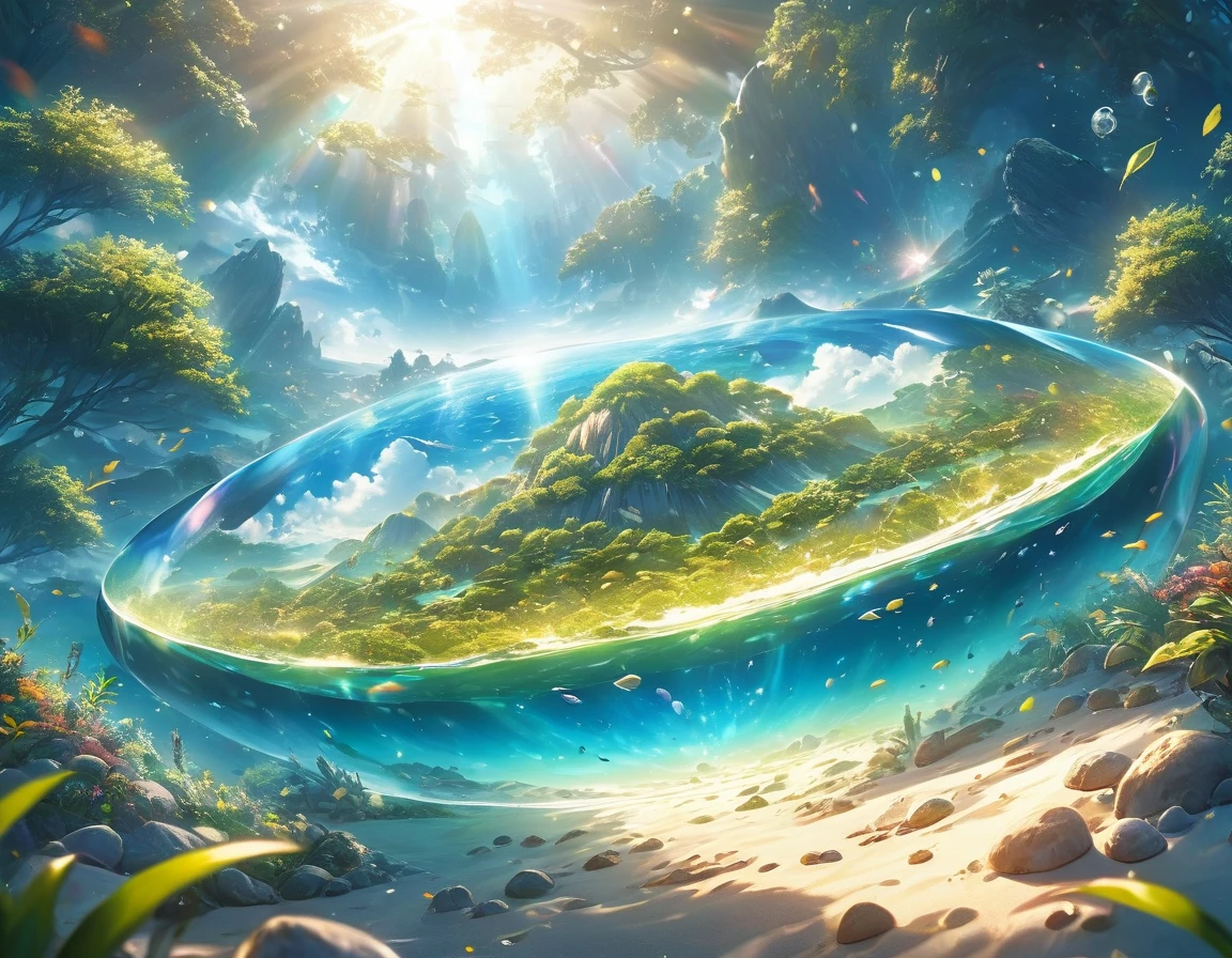 Very detailed, Super complex, Extremely precise, An island with a mysterious glow, Transparent full color, Holographic gloss and reflections, Pursuing the expressiveness of mysterious light, BREAK Mysterious Plant, Detailed and precise, Brightly colored fruits, The charm of fresh green, Meticulous and delicate brushwork combined with a beautiful balance of colors, BREAK Mysterious Rocks, Inorganic Silence, Detailed and realistic textures, The philosophy of loneliness, BREAK Mystical Water, High transparency, Fine and attractive liquid texture, The source of life, Absolute aesthetics beyond human rationality, Secret Beach, Tiny grains of sand, High quality sand, BREAK A magical island covered in mist, Mysterious accumulation, Mysterious light pours in, Dramatic lighting, Practical, Composition, Dynamic perspective, BREAK A work of art that depicts a mysterious island with extreme aesthetics, Super Retina, 
