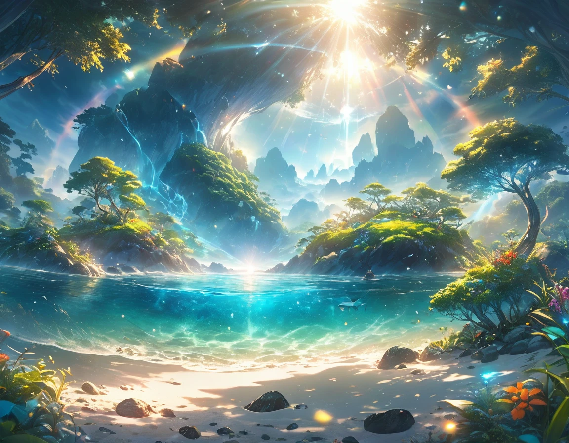 Very detailed, Super complex, Extremely precise, An island with a mysterious glow, Transparent full color, Holographic gloss and reflections, Pursuing the expressiveness of mysterious light, BREAK Mysterious Plant, Detailed and precise, Brightly colored fruits, The charm of fresh green, Meticulous and delicate brushwork combined with a beautiful balance of colors, BREAK Mysterious Rocks, Inorganic Silence, Detailed and realistic textures, The philosophy of loneliness, BREAK Mystical Water, High transparency, Fine and attractive liquid texture, The source of life, Absolute aesthetics beyond human rationality, Secret Beach, Tiny grains of sand, High quality sand, BREAK A magical island covered in mist, Mysterious accumulation, Mysterious light pours in, Dramatic lighting, Practical, Composition, Dynamic perspective, BREAK A work of art that depicts a mysterious island with extreme aesthetics, Super Retina, 