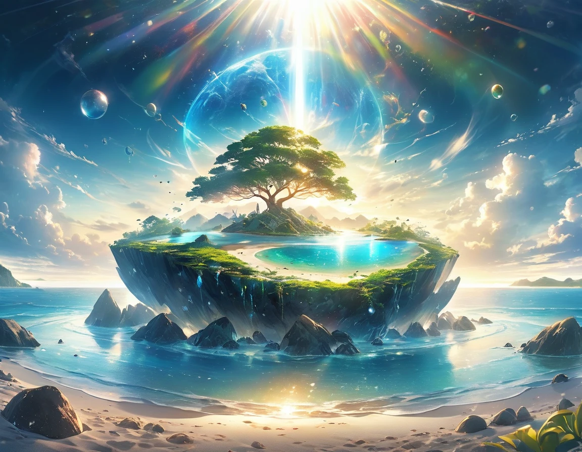 Very detailed, Super complex, Extremely precise, An island with a mysterious glow, Transparent full color, Holographic gloss and reflections, Pursuing the expressiveness of mysterious light, BREAK Mysterious Plant, Detailed and precise, Brightly colored fruits, The charm of fresh green, Meticulous and delicate brushwork combined with a beautiful balance of colors, BREAK Mysterious Rocks, Inorganic Silence, Detailed and realistic textures, The philosophy of loneliness, BREAK Mystical Water, High transparency, Fine and attractive liquid texture, The source of life, Absolute aesthetics beyond human rationality, Secret Beach, Tiny grains of sand, High quality sand, BREAK A magical island covered in mist, Mysterious accumulation, Mysterious light pours in, Dramatic lighting, Practical, Composition, Dynamic perspective, BREAK A work of art that depicts a mysterious island with extreme aesthetics, Super Retina,