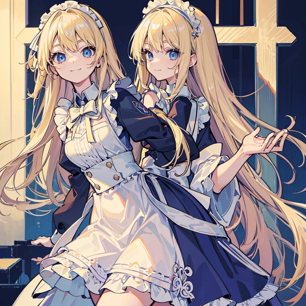 Solo Girl, Are standing,20-year-old,Blonde,Long Hair, blue eyes, Small breasts, smile,Maid,Long sleeve,Long skirt,Western-style building, Very detailed, Absurd, Ultra-high resolution, Very detailed, Highest quality, thin, cute, Perfectly symmetrical face, 超cute girl, 超cute face, Very detailed目, Ultra detailed hair, 超cute, Super beautiful,