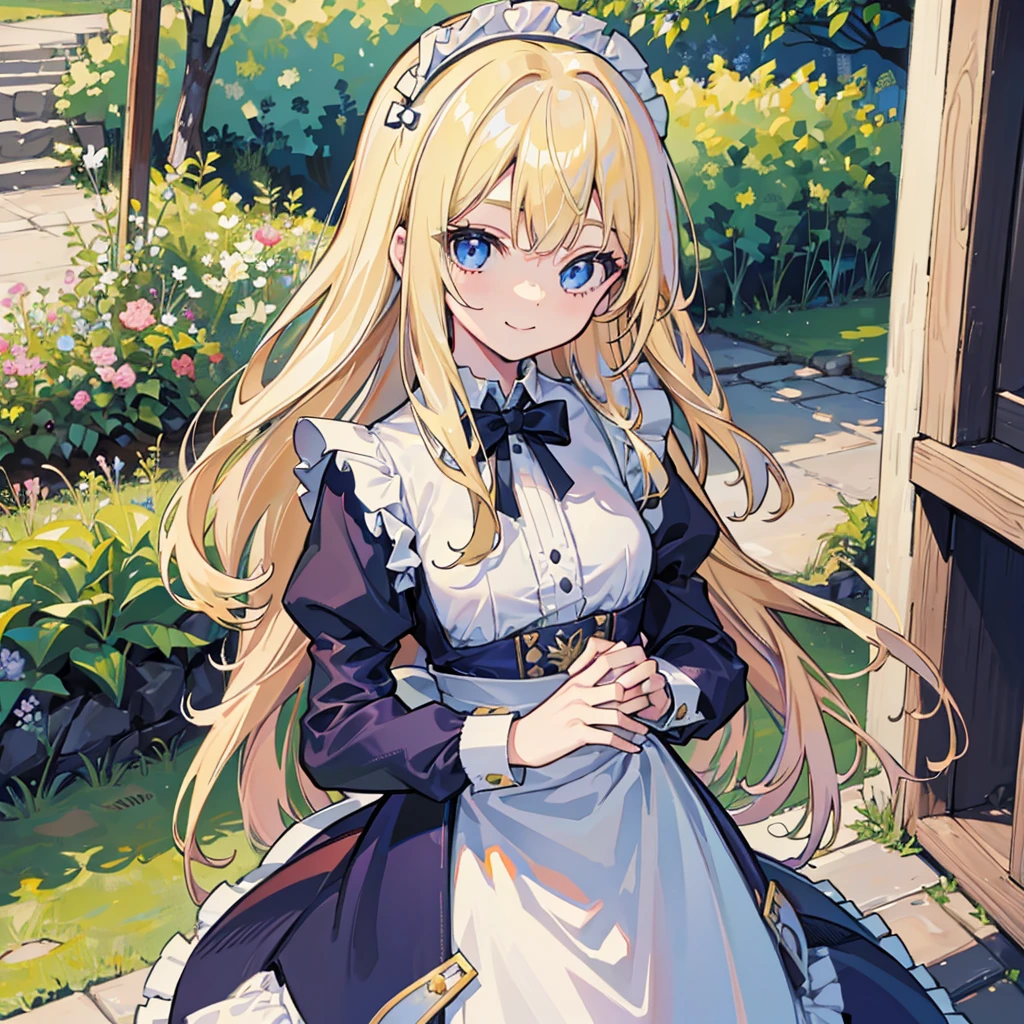 Solo Girl, Are standing,20-year-old,Blonde,Long Hair, blue eyes, Small breasts, smile,Maid,Long sleeve,Long skirt,Western-style building, Very detailed, Absurd, Ultra-high resolution, Very detailed, Highest quality, thin, cute, Perfectly symmetrical face, 超cute girl, 超cute face, Very detailed目, Ultra detailed hair, 超cute, Super beautiful,
