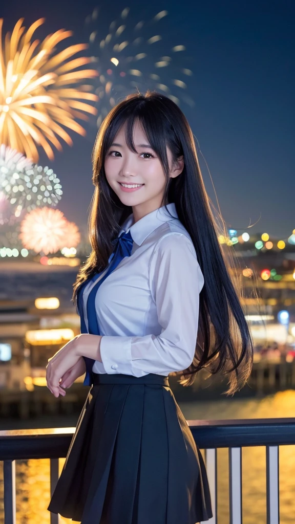 Have long flowing hair、Very Beautiful Japan Woman。She is wearing a skirt、He has striking bluish-black eyes and a bright smile.。The background is the seaside at night、Watching fireworks。
The image style is realistic.、It adds a touch of glamour.。