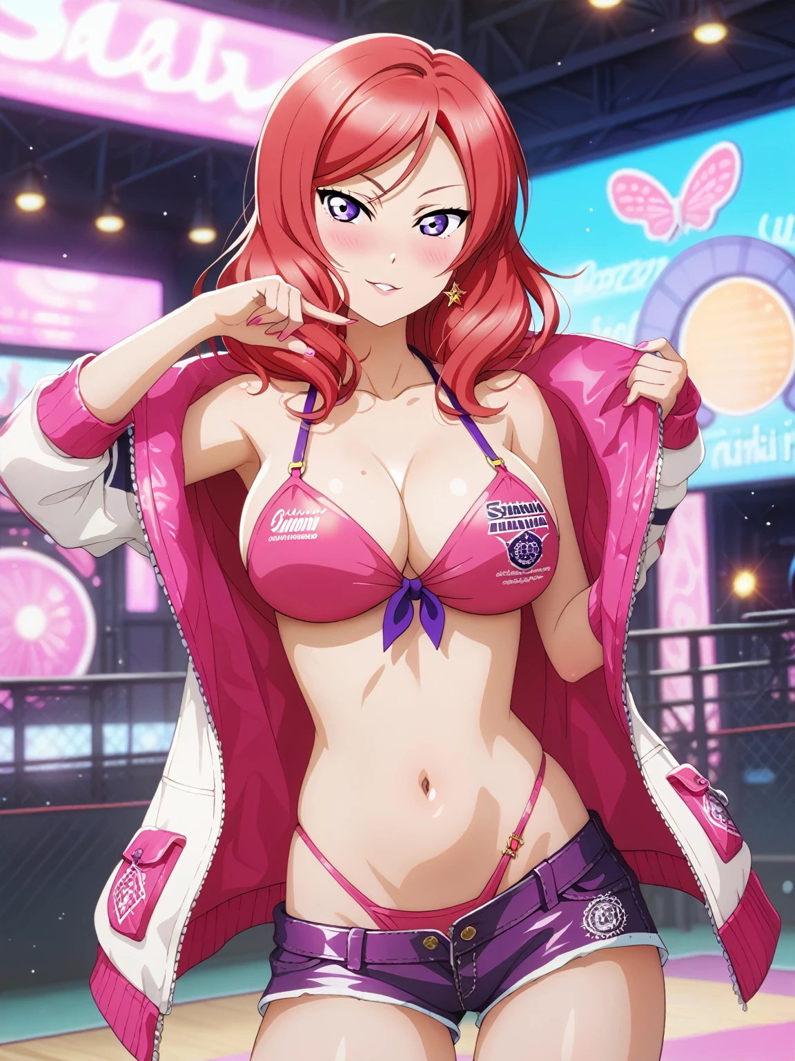 masterpiece, best quality,8k wallpaper, nishikino maki,red hair, purple eyes,pink bikini top, purple mini shorts, blushing ,big breasts , standing , Sexual seduction, sexualised, gangster pose