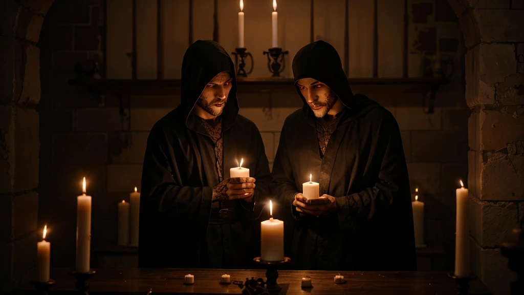 Three men in their 20s, with blood and skull candles, people in dark robes