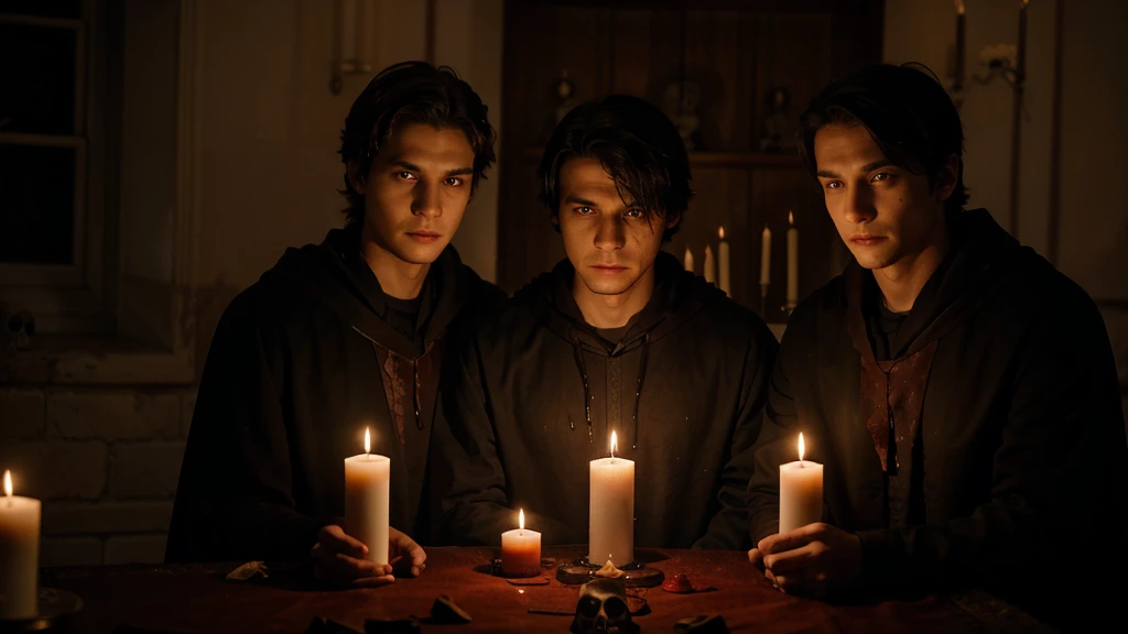 Three men in their 20s, with blood and skull candles, people in dark robes